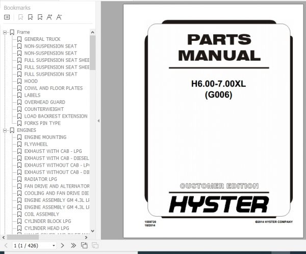 Hyster Forklift Truck G006 H6.00 7.00XL Europe Parts Manual 1559720 1
