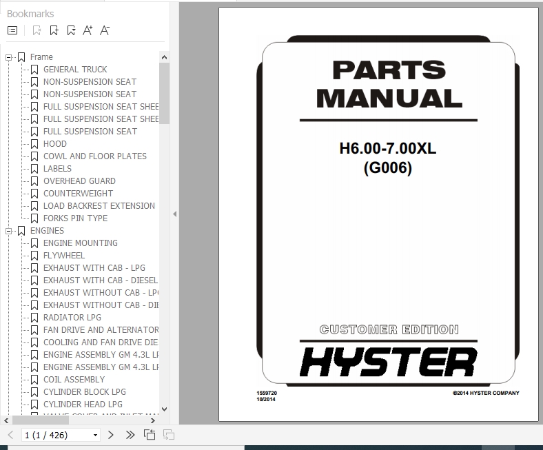 Hyster Forklift Truck G006 H6.00 7.00XL Europe Parts Manual 1559720 1