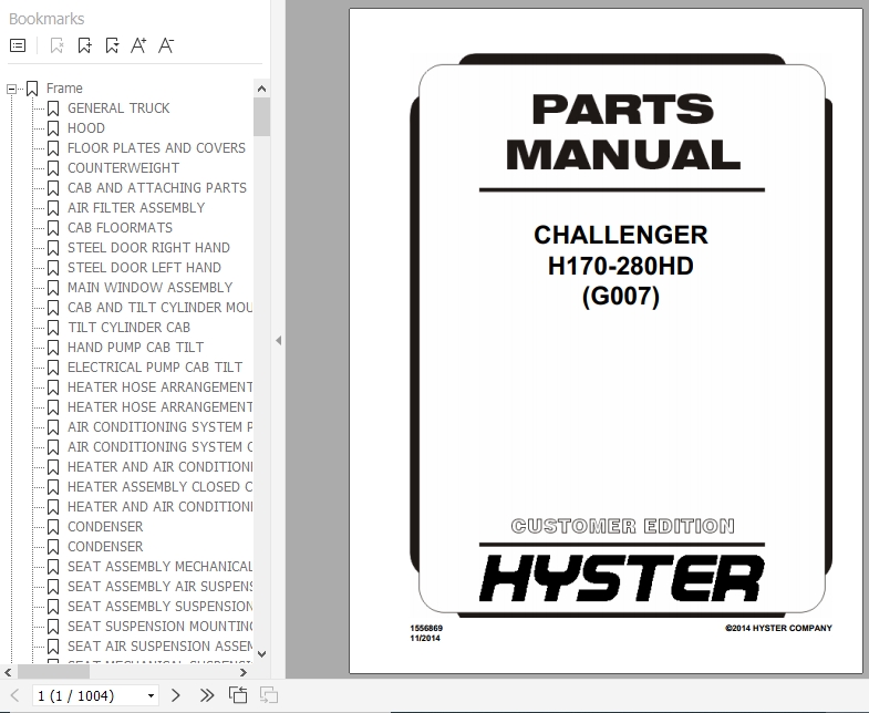 Hyster Forklift Truck G007 H170 280HD Parts Manual 1556869 1