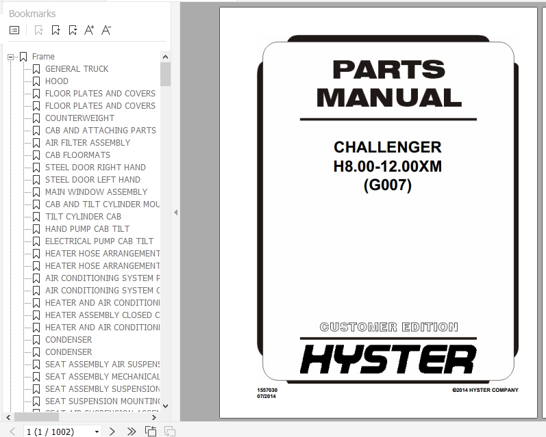 Hyster Forklift Truck G007 H8.00 12.00XM Europe Parts Manual 1557030 1