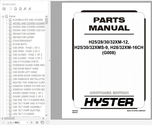 Hyster Forklift Truck G008 H25 28 30 32XM 12 H25 30 32XMS 9 H28 32XM 16CH Europe Parts Manual 4031445 1