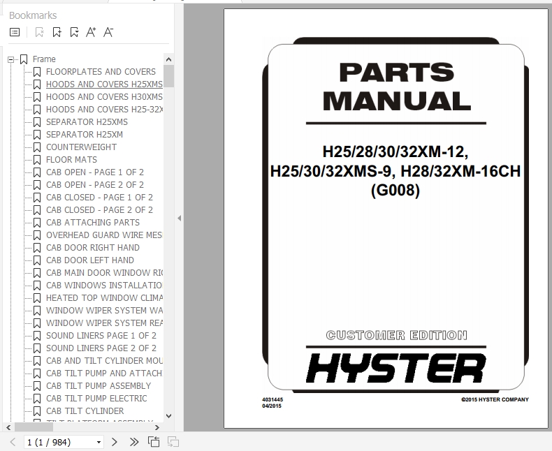Hyster Forklift Truck G008 H25 28 30 32XM 12 H25 30 32XMS 9 H28 32XM 16CH Europe Parts Manual 4031445 1