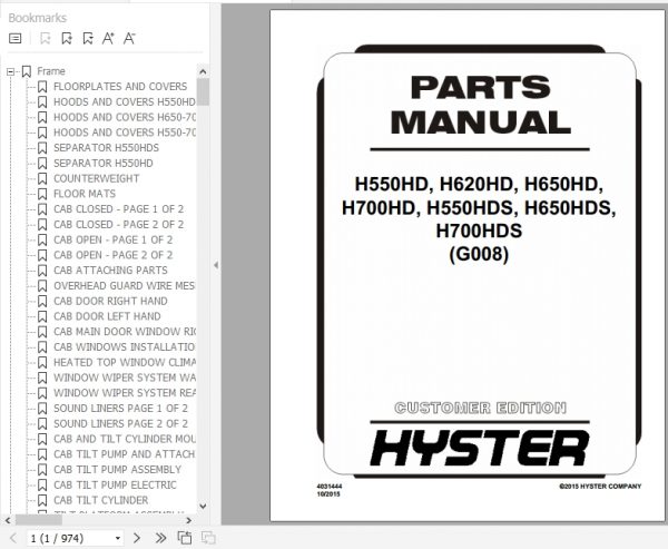 Hyster Forklift Truck G008 H550HD H620HD H650HD H700HD H550HDS H650HDS H700HDS Parts Manual 4031444 1