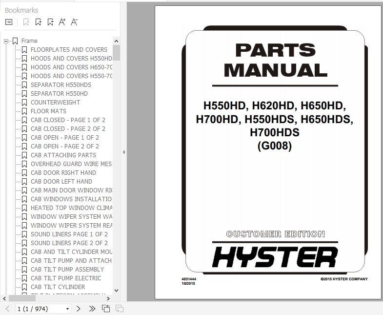 Hyster Forklift Truck G008 H550HD H620HD H650HD H700HD H550HDS H650HDS H700HDS Parts Manual 4031444 1