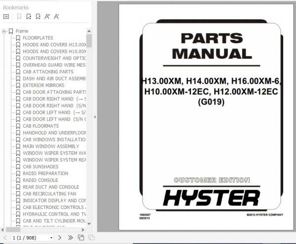 Hyster Forklift Truck G019 H13.00XM H14.00XM H16.00XM 6 H10.00XM 12EC H12.00XM 12EC Europe Parts Manual 1660387 1