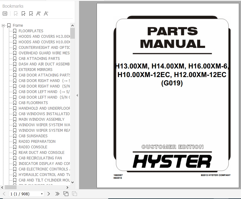 Hyster Forklift Truck G019 H13.00XM H14.00XM H16.00XM 6 H10.00XM 12EC H12.00XM 12EC Europe Parts Manual 1660387 1