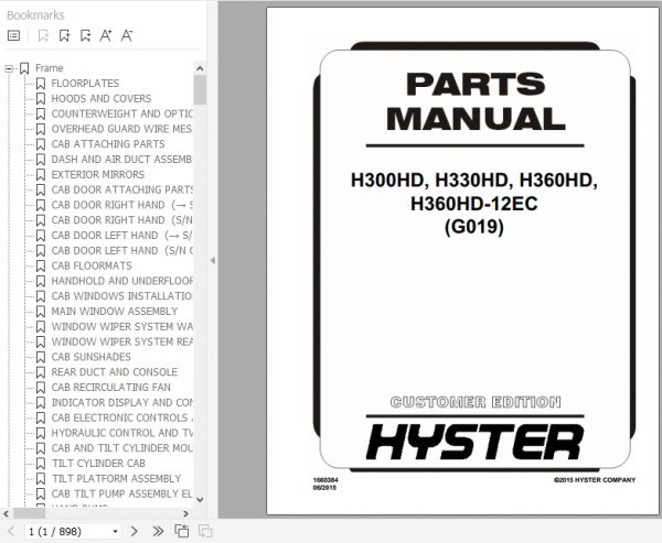 Hyster Forklift Truck G019 H300HD H330HD H360HD H360HD 12EC Parts Manual 1660384 1
