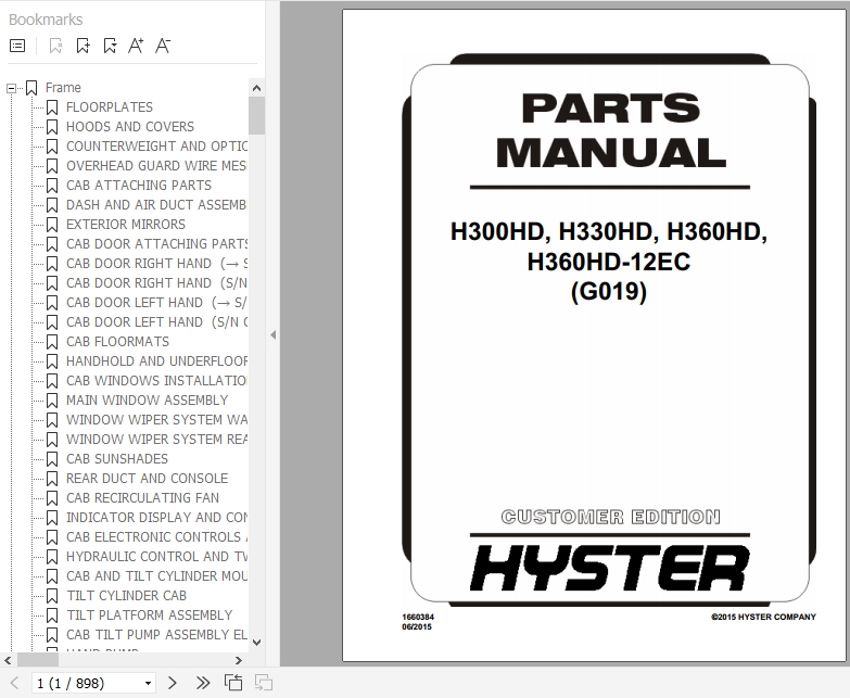 Hyster Forklift Truck G019 H300HD H330HD H360HD H360HD 12EC Parts Manual 1660384 1