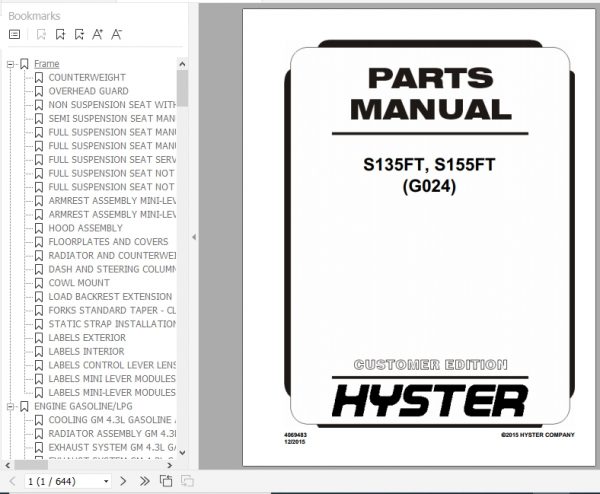 Hyster Forklift Truck G024 S135FT S155FT Parts Manual 4069483 1