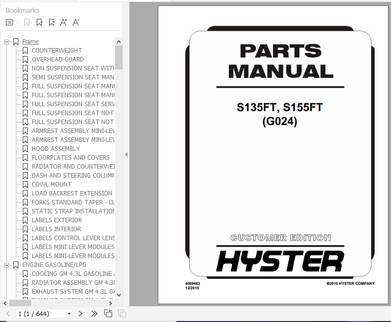 Hyster Forklift Truck G024 S135FT S155FT Parts Manual 4069483 1