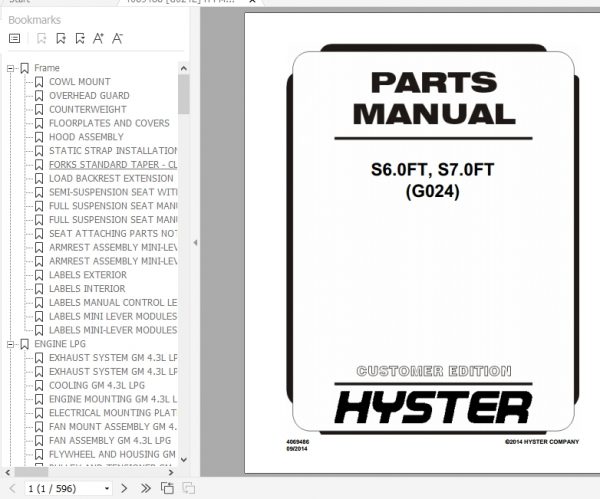 Hyster Forklift Truck G024 S6.0FT S7.0FT Europe Parts Manual 4069486 1