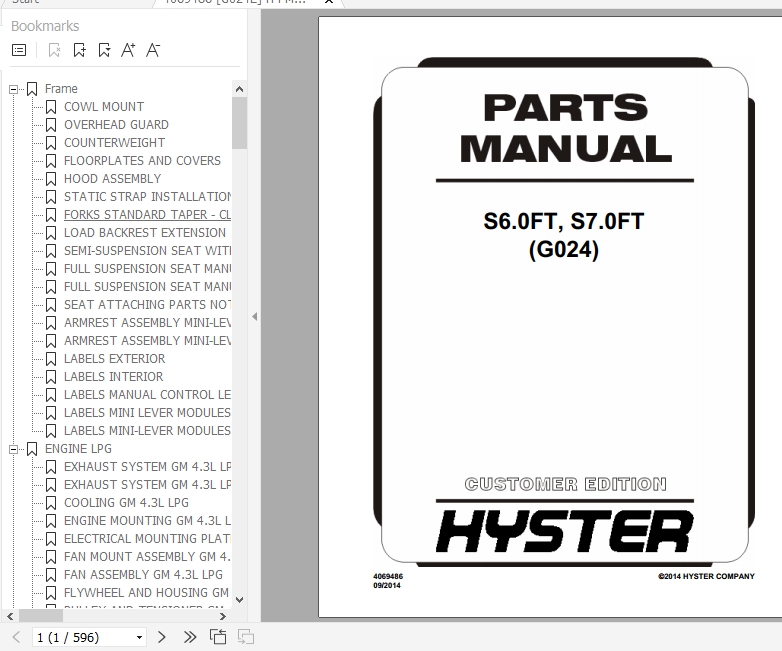 Hyster Forklift Truck G024 S6.0FT S7.0FT Europe Parts Manual 4069486 1