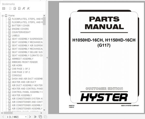 Hyster Forklift Truck G117 H1050HD 16CH H1150HD 16CH Parts Manual 4046743 1