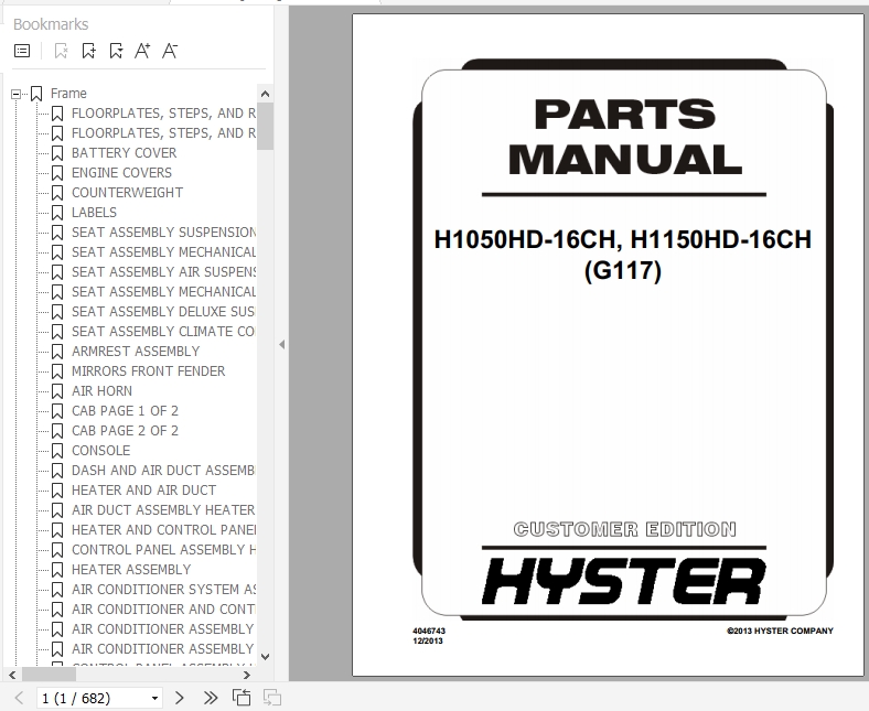 Hyster Forklift Truck G117 H1050HD 16CH H1150HD 16CH Parts Manual 4046743 1