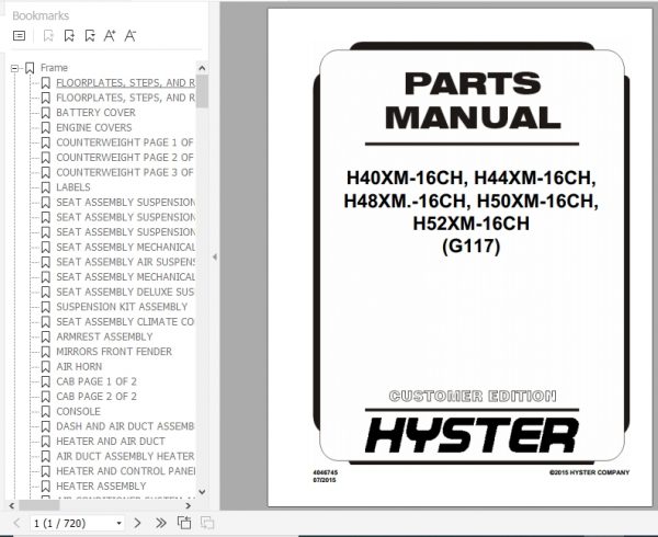 Hyster Forklift Truck G117 H40XM 16CH H44XM 16CH H48XM. 16CH H50XM 16CH H52XM 16CH Europe Parts Manual 4046745 1