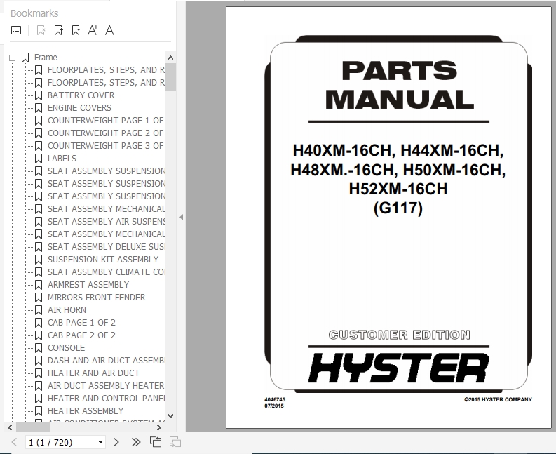 Hyster Forklift Truck G117 H40XM 16CH H44XM 16CH H48XM. 16CH H50XM 16CH H52XM 16CH Europe Parts Manual 4046745 1
