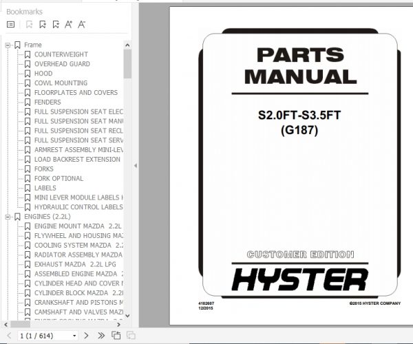 Hyster Forklift Truck G187 S2.0FT S3.5FT Europe Parts Manual 4102607 1