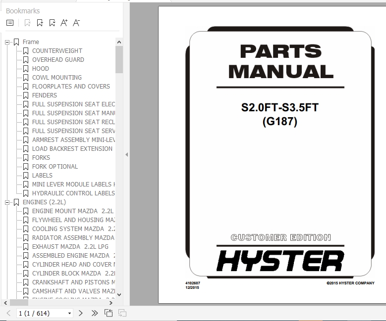 Hyster Forklift Truck G187 S2.0FT S3.5FT Europe Parts Manual 4102607 1