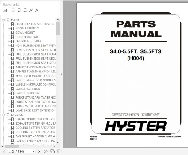 Hyster Forklift Truck H004 S4.0 5.5FT S5.5FTS Europe Parts Manual 4063255 1