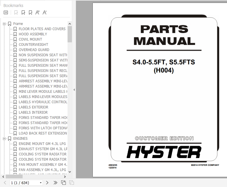Hyster Forklift Truck H004 S4.0 5.5FT S5.5FTS Europe Parts Manual 4063255 1
