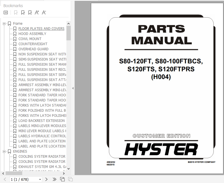 Hyster Forklift Truck H004 S80 120FT S80 100FTBCS S120FTS S120FTPRS Parts Manual 4063252 1