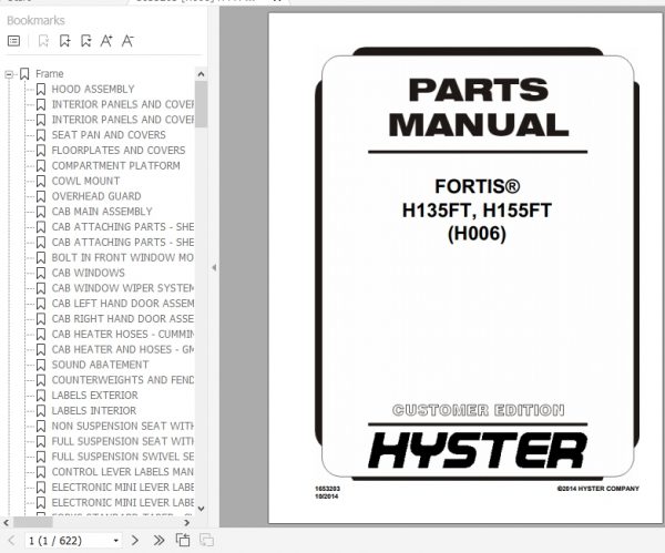 Hyster Forklift Truck H006 H135FT H155FT Parts Manual 1653203 1