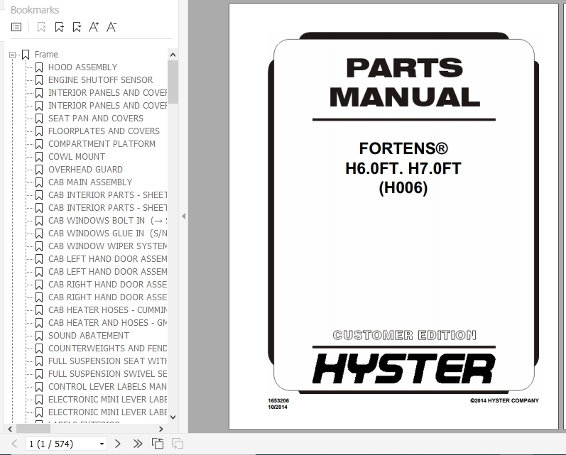 Hyster Forklift Truck H006 H6.0FT H7.0FT Europe Parts Manual 1653206 1