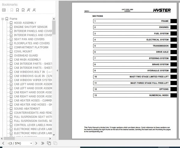 Hyster Forklift Truck H006 H6.0FT H7.0FT Europe Parts Manual 1653206 2