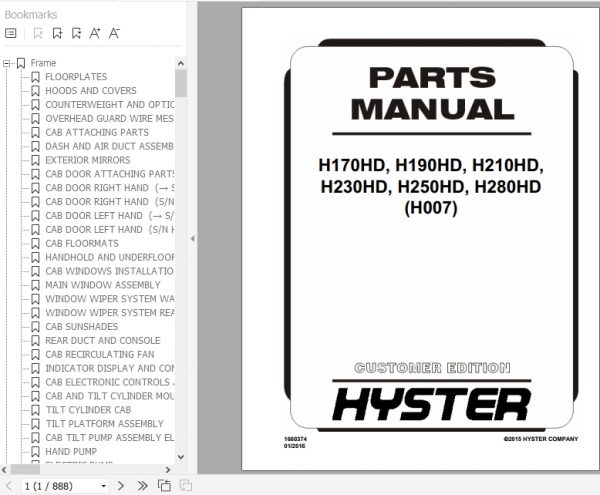 Hyster Forklift Truck H007 H170HD H190HD H210HD H230HD H250HD H280HD Parts Manual 1660374 1