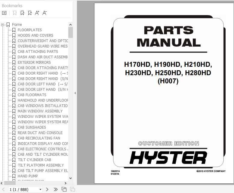 Hyster Forklift Truck H007 H170HD H190HD H210HD H230HD H250HD H280HD Parts Manual 1660374 1