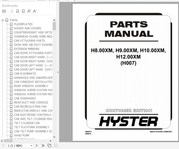 Hyster Forklift Truck H007 H8.00XM H9.00XM H10.00XM H12.00XM Europe Parts Manual 1660377 1