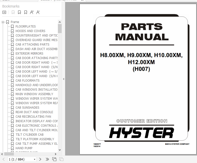 Hyster Forklift Truck H007 H8.00XM H9.00XM H10.00XM H12.00XM Europe Parts Manual 1660377 1