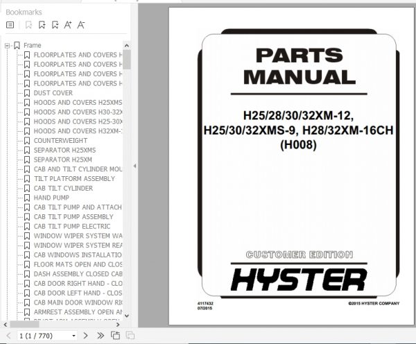 Hyster Forklift Truck H008 H25 28 30 32XM 12 H25 30 32XMS 9 H28 32XM 16CH Europe Parts Manual 4117432 1
