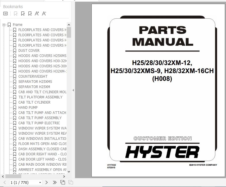 Hyster Forklift Truck H008 H25 28 30 32XM 12 H25 30 32XMS 9 H28 32XM 16CH Europe Parts Manual 4117432 1
