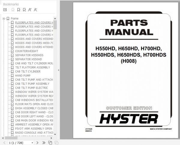 Hyster Forklift Truck H008 H550HD H650HD H700HD H550HDS H650HDS H700HDS Parts Manual 4117429 1