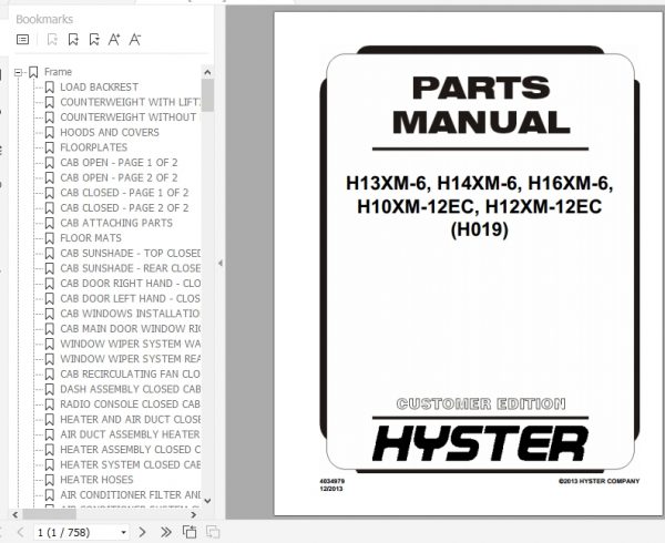 Hyster Forklift Truck H019 H13XM 6 H14XM 6 H16XM 6 H10XM 12EC H12XM 12EC Europe Parts Manual 1