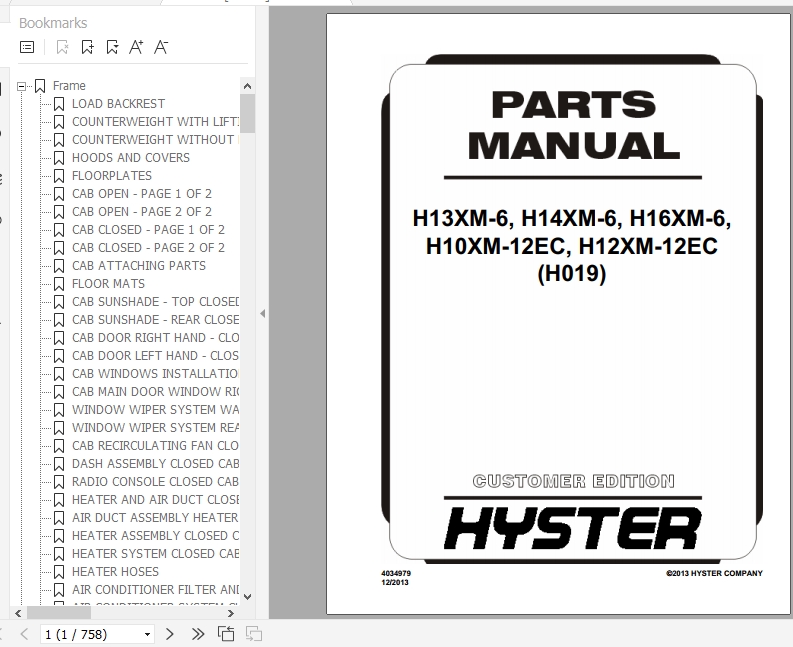 Hyster Forklift Truck H019 H13XM 6 H14XM 6 H16XM 6 H10XM 12EC H12XM 12EC Europe Parts Manual 1