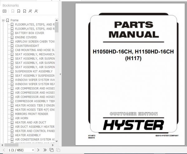 Hyster Forklift Truck H117 H1050HD 16CH H1150HD 16CH Parts Manual 4114872 1