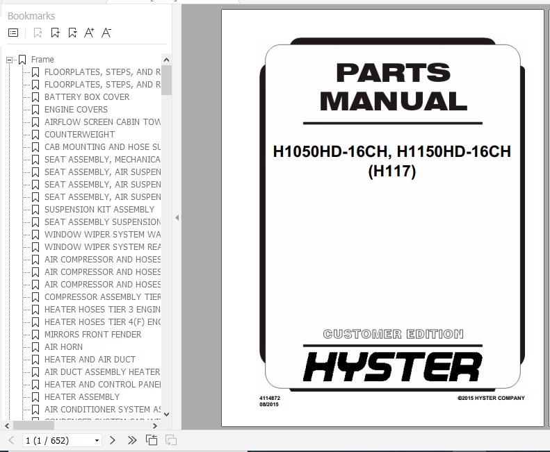 Hyster Forklift Truck H117 H1050HD 16CH H1150HD 16CH Parts Manual 4114872 1
