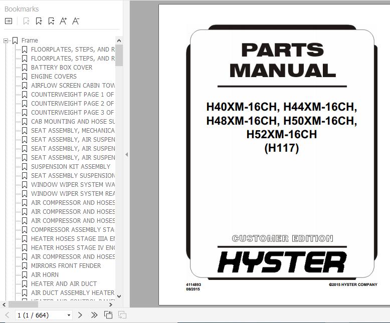 Hyster Forklift Truck H117 H40XM 16CH H44XM 16CH H48XM 16CH H50XM 16CH H52XM 16CH Europe Parts Manual 4114893 1