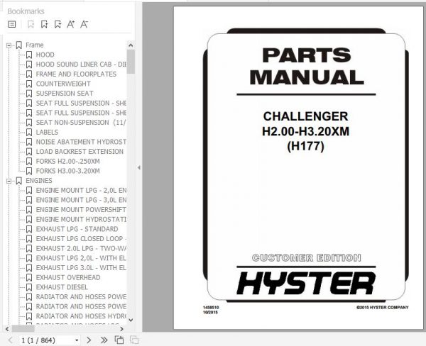 Hyster Forklift Truck H177 H2.00 H3.20XM Europe Parts Manual 1458510 1
