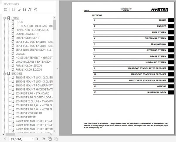 Hyster Forklift Truck H177 H2.00 H3.20XM Europe Parts Manual 1458510 2