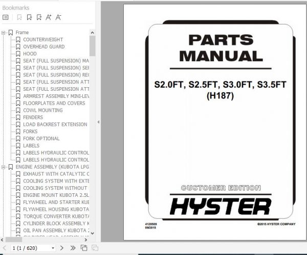 Hyster Forklift Truck H187 S2.0FT S2.5FT S3.0FT S3.5FT Europe Parts Manual 4120509 1