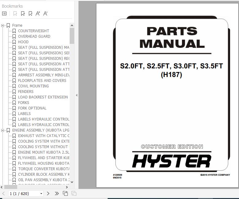 Hyster Forklift Truck H187 S2.0FT S2.5FT S3.0FT S3.5FT Europe Parts Manual 4120509 1