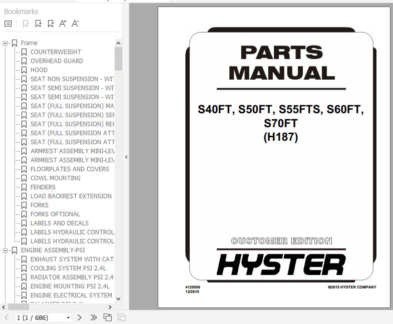 Hyster Forklift Truck H187 S40FT S50FT S55FTS S60FT S70FT Parts Manual 4120506 1