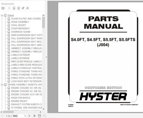 Hyster Forklift Truck J004 S4.0FT S4.5FT S5.5FT S5.5FTS Europe Parts Manual 4128404 1