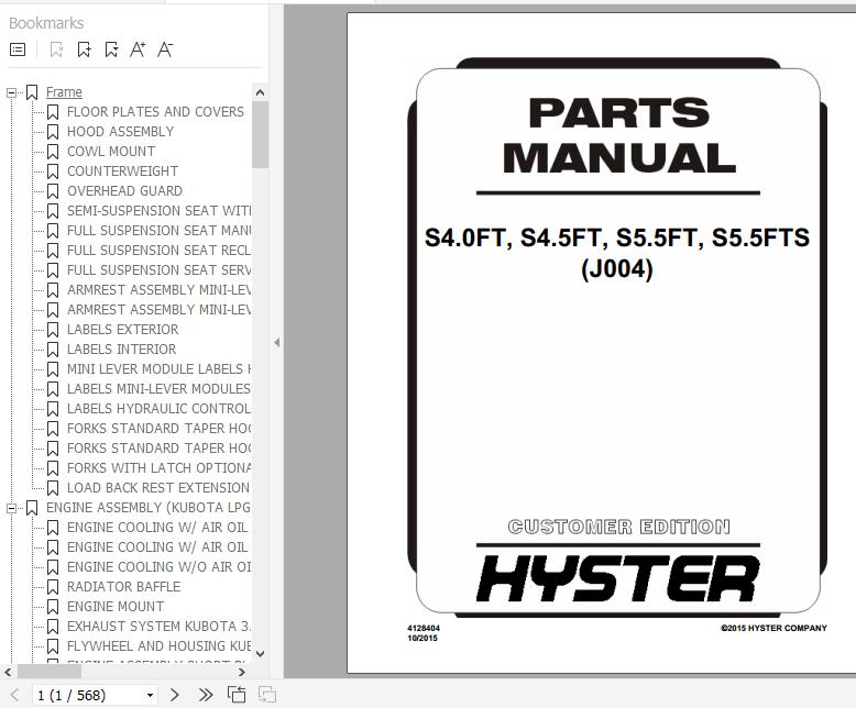 Hyster Forklift Truck J004 S4.0FT S4.5FT S5.5FT S5.5FTS Europe Parts Manual 4128404 1