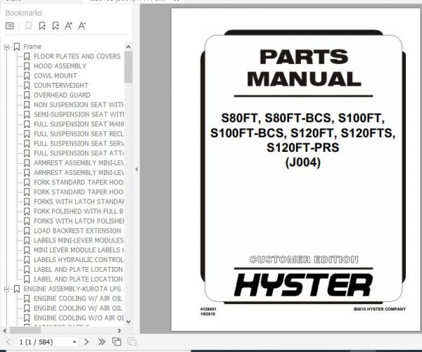 Hyster Forklift Truck J004 S80FTS80FTBCSS100FTS100FTBCSS120FTS120FTSS120FTPRS Parts Manual 4128401 1