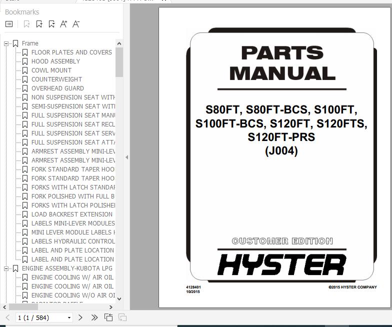 Hyster Forklift Truck J004 S80FTS80FTBCSS100FTS100FTBCSS120FTS120FTSS120FTPRS Parts Manual 4128401 1