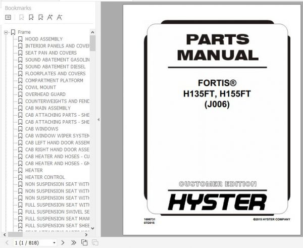 Hyster Forklift Truck J006 H135FT H155FT Parts Manual 1698731 1